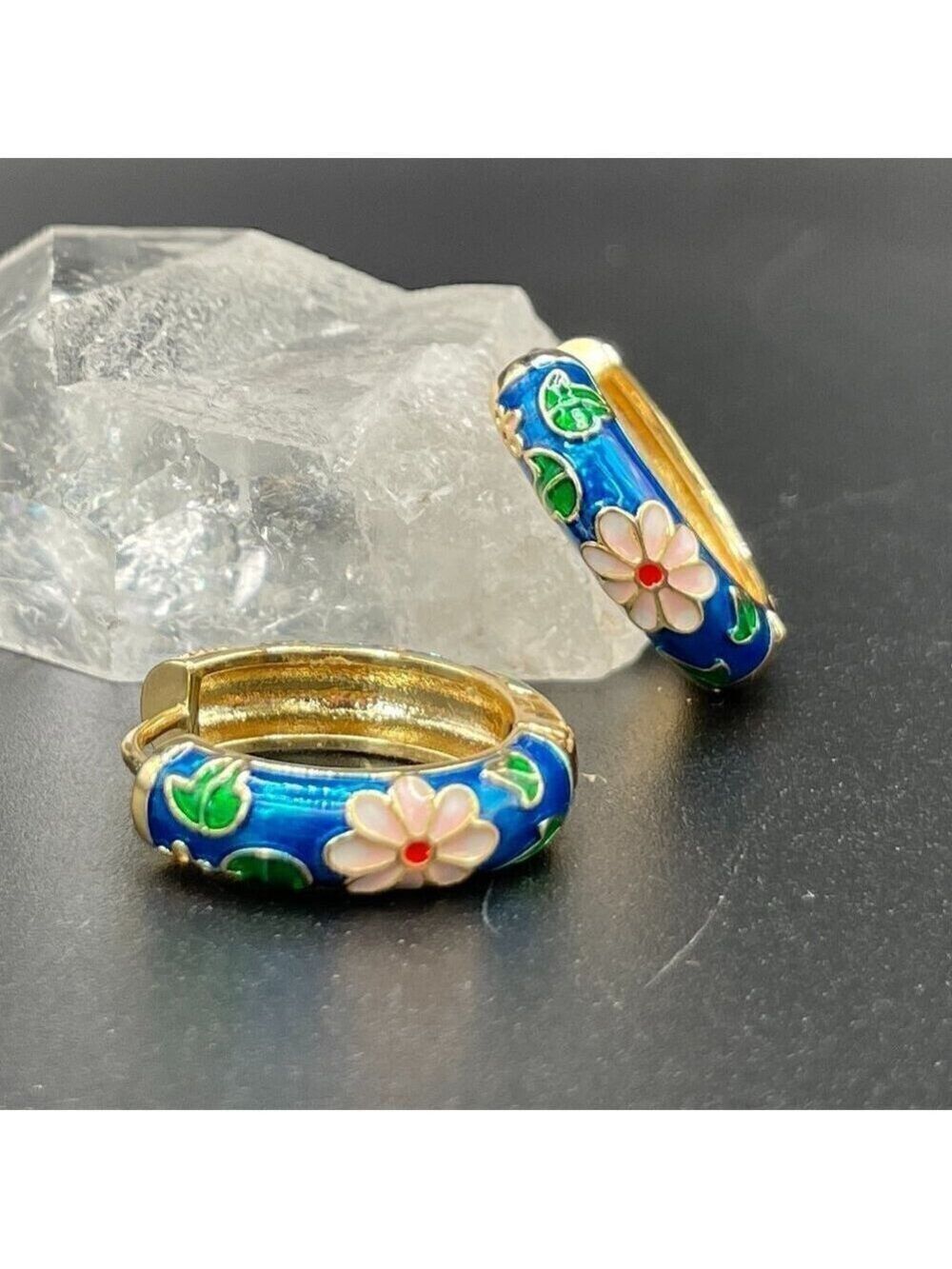 Blue Floral Enamel Huggie Earrings #1352-BLUE